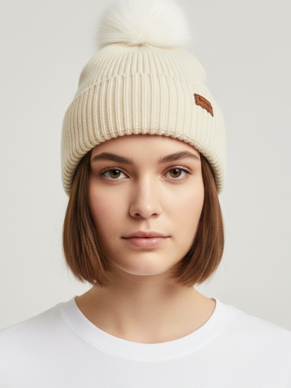 Women’s Barbour Hat Cream white Pom-Pom Rib Knit Beanie Toque Winter Classic